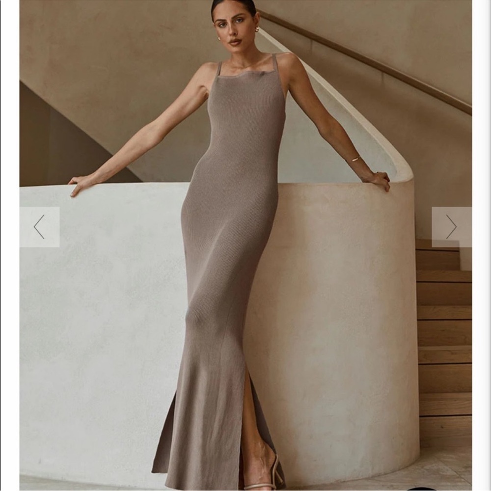DISSH Taupe Slim Knit Maxi Dress with Side Slits